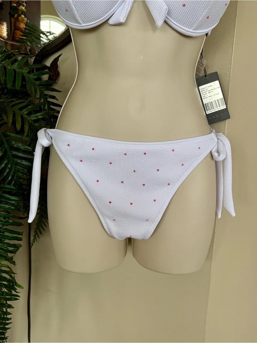 NWT White & Pink Studded Embellished Bikini High Cut 2-Piece Swim Push Up Bra